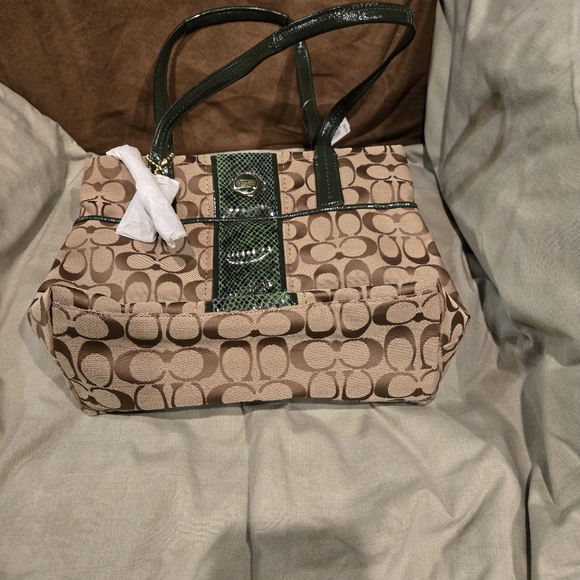 Coach F25706 Khaki Green Python Stripe Tote - Picture 3 of 4
